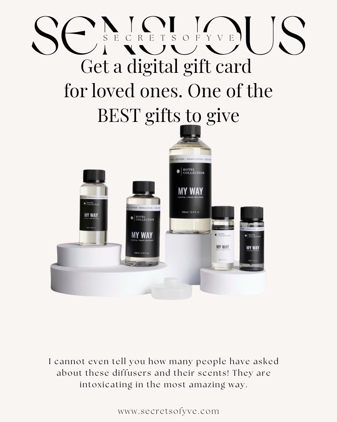 SecretsofYve: My Way is my favorite scent with @hotelcollection and their diffusers are amazing! Multiple diffusers and a variety of scents are available in different sizes. 
#Secretsofyve #ltkgiftguide
Always humbled & thankful to have you here.. New posts daily at 3pm &4:15pm EST. 
CEO: PATESI Global & PATESIfoundation.org
 @secretsofyve : where beautiful meets practical, comfy meets style, affordable meets glam with a splash of splurge every now and then. I do LOVE a good sale and combining codes! #ltkstyletip #ltksalealert #ltkfamily #ltku #ltkfindsunder100 #ltkfindsunder50 #ltktravel #ltkparties #ltkmens secretsofyve

#LTKSeasonal #LTKWedding #LTKHome