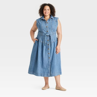 Women's Tie-Waist Midi A-Line Denim Dress - Universal Thread™ Indigo 24 | Target