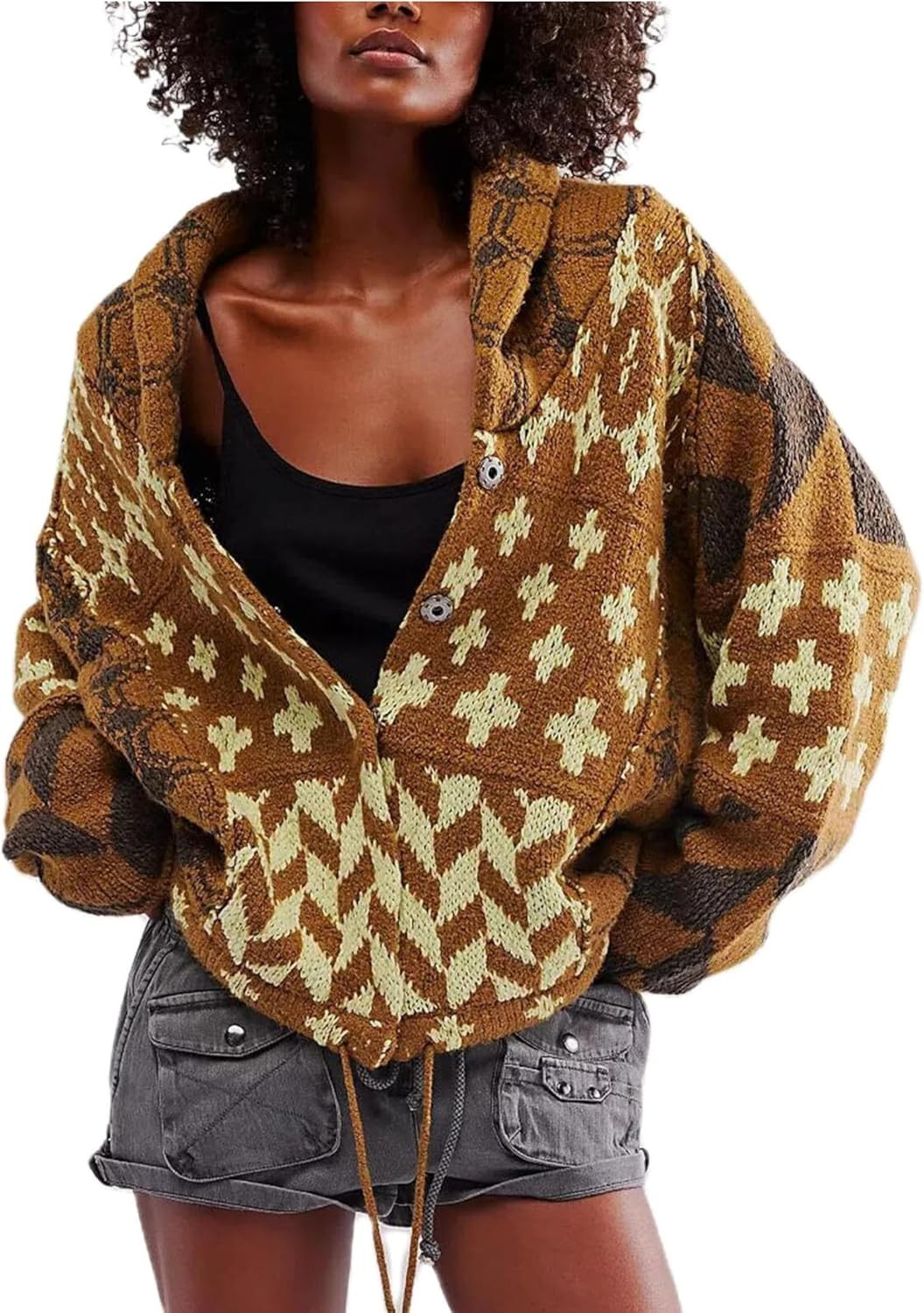 SKIKYAN Women Fall Sweater Cardigans Graphic Button Down Collar Knitwear Long Sleeve Oversized Y2K Print Coats | Amazon (US)
