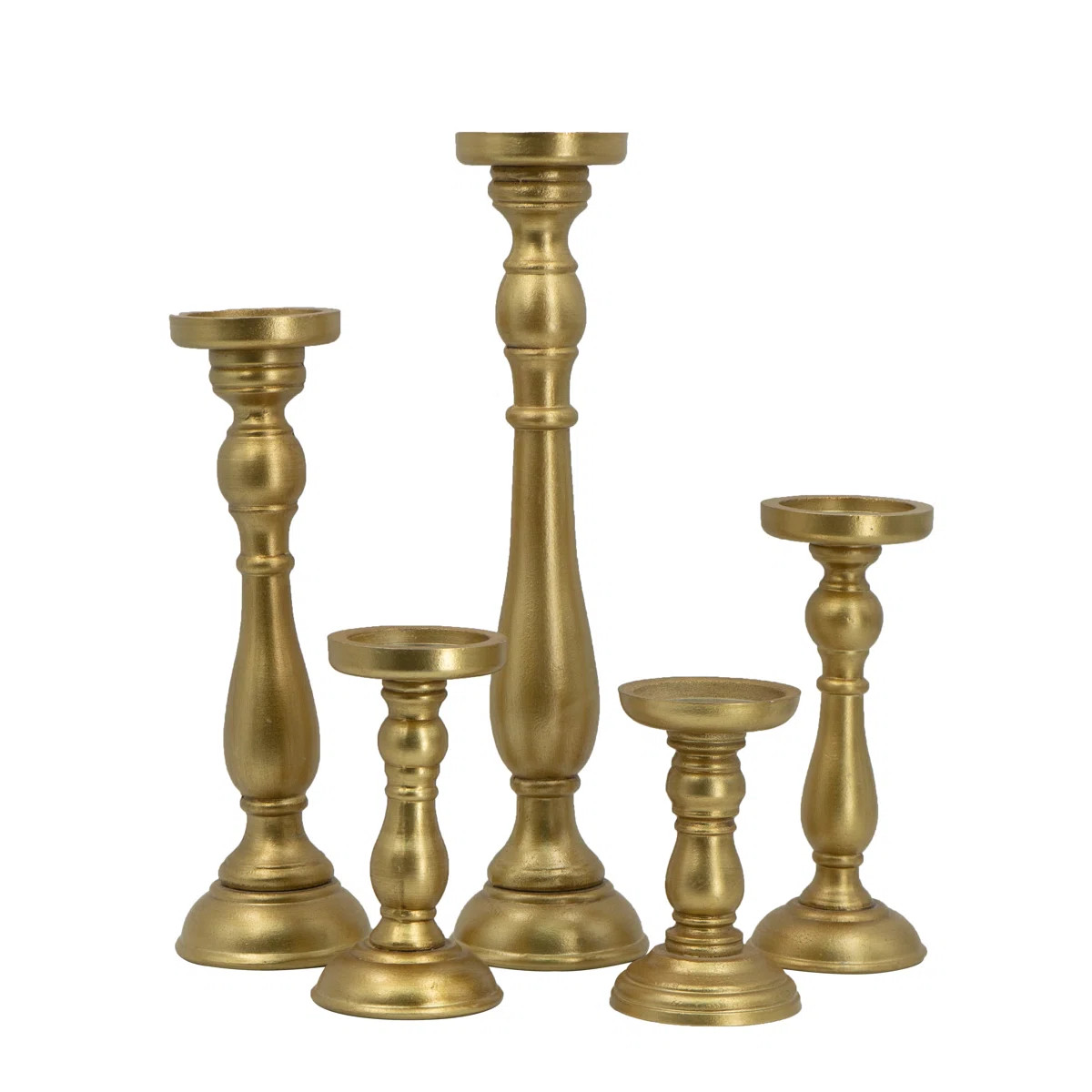 S/5 Gold Turned Wood Candle Holders, Assorted Heights | Wayfair North America