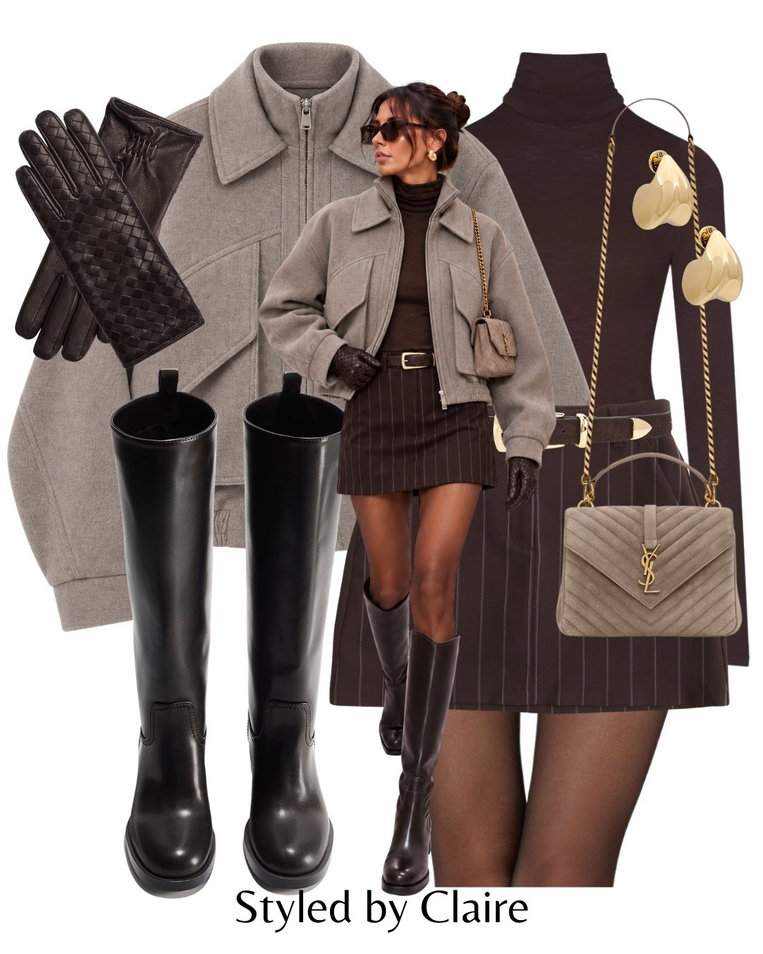 CHIC GIRL STYLING🙋🏽‍♀️
Tags: Maebe store grey marl knit jacket pinstripe skirt Abercrombie suede belt turtleneck top knee high boots leather H&M bottega woven gloves earrings city break fashion autumn winter inspo outfit ideas