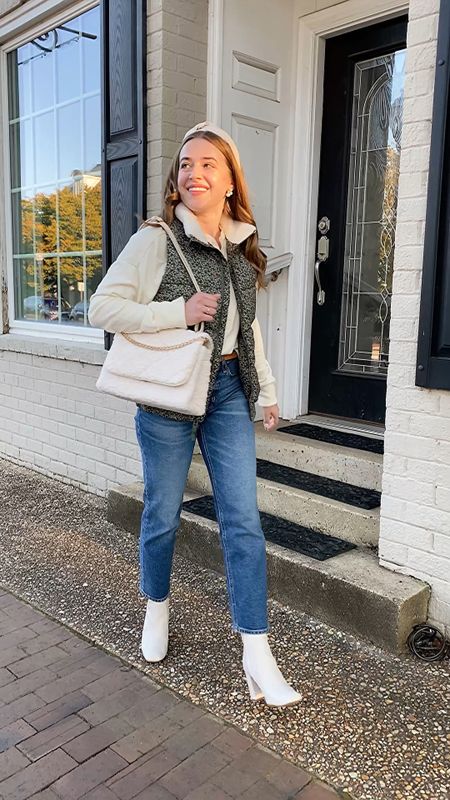 Cozy fall faux sherpa vest and faux sherpa purse. White ankle boots and straight leg denim. 

Denim is 30% off this weekend! Runs TTS. 

Sizing: xs in vest and top. Size 25 in denim and size up 1/2 in booties

#LTKSeasonal #LTKunder50 #LTKsalealert