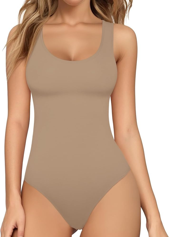 MANGOPOP Womens Scoop Neck Sleeveless Tank Top Bodysuits Sexy Backless Ribbed Body Suits Jumpsuit | Amazon (US)