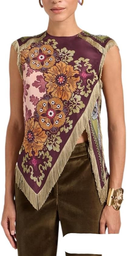 Apvirdy Women Floral Blouse Crew Neck Sleeveless Fringe Ruffle Irregular Split Hem Retro Boho Shi... | Amazon (US)