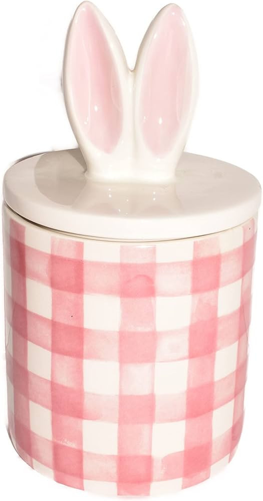 New Easter Spring Bunny Rabbit Ears Pink Plaid Candy Snack Airtight Jar Storage Canister Containe... | Amazon (US)