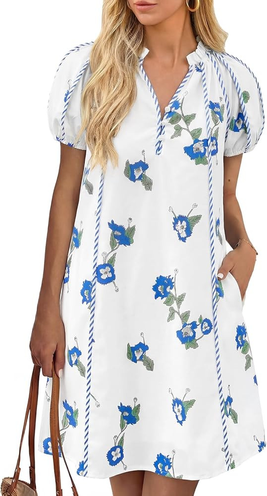 Cicy Bell Womens Summer Puff Sleeve Mini Dresses Floral Print Ruffle Button V Neck Dress Loose Fi... | Amazon (US)
