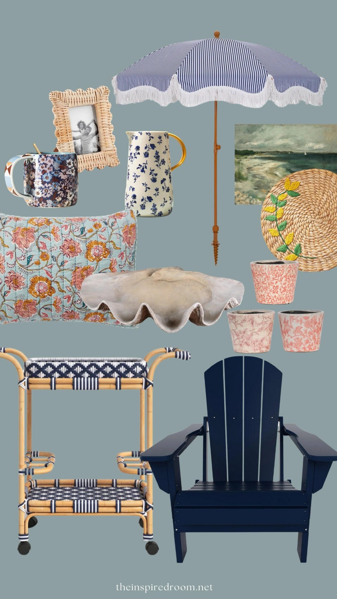 Summer home decor finds - Adirondack chair, seascape art print (get it in textured paper!), pitcher, mug, scalloped woven frame, bar cart, planter pore, fringe striped umbrella, fossilized clam shell, floral pattern sham

#LTKSaleAlert #LTKStyleTip #LTKHome