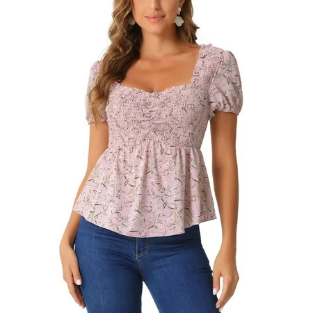 INSPIRE CHIC Women s Floral Blouse Sweetheart Neck Puff Short Sleeve Smocked Peplum Top Pink XS | Walmart (US)