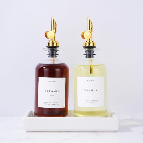 Molimoli Olive Oil Dispenser Bottle for Kitchen, Coffee Syrup Dispenser w. Weighted Pourer, Glass Bottle Dispenser for Kitchen with Ceramic Tray | Gold, 350ml, Set of 2 | Amazon (US)