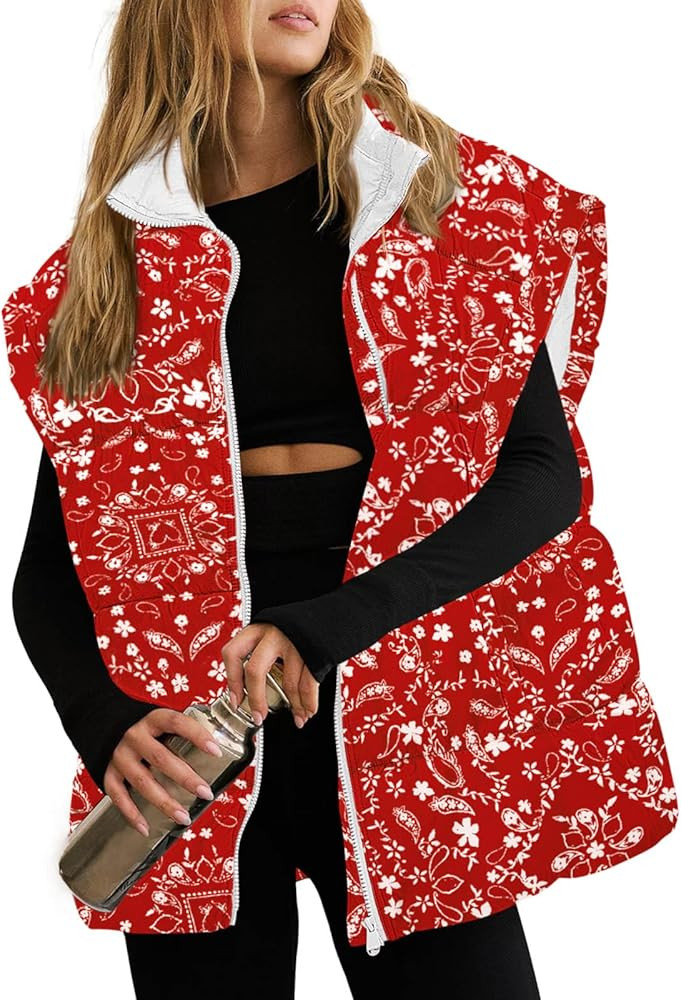 Tankaneo Womens Floral Oversized Puffer Vest Cap Sleeve Winter Warm Puffy Quilted Jackets Coat | Amazon (US)