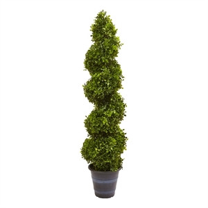 Nearly Natural Indoor/Outdoor Boxwood Spiral Topiary with Planter in Green/Gray | Cymax
