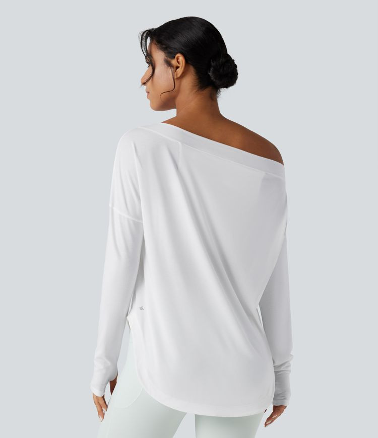 Women’s One Shoulder Long Sleeve Thumb Hole Curved Hem High Low Quick Dry Yoga Sports Top-Built... | HALARA