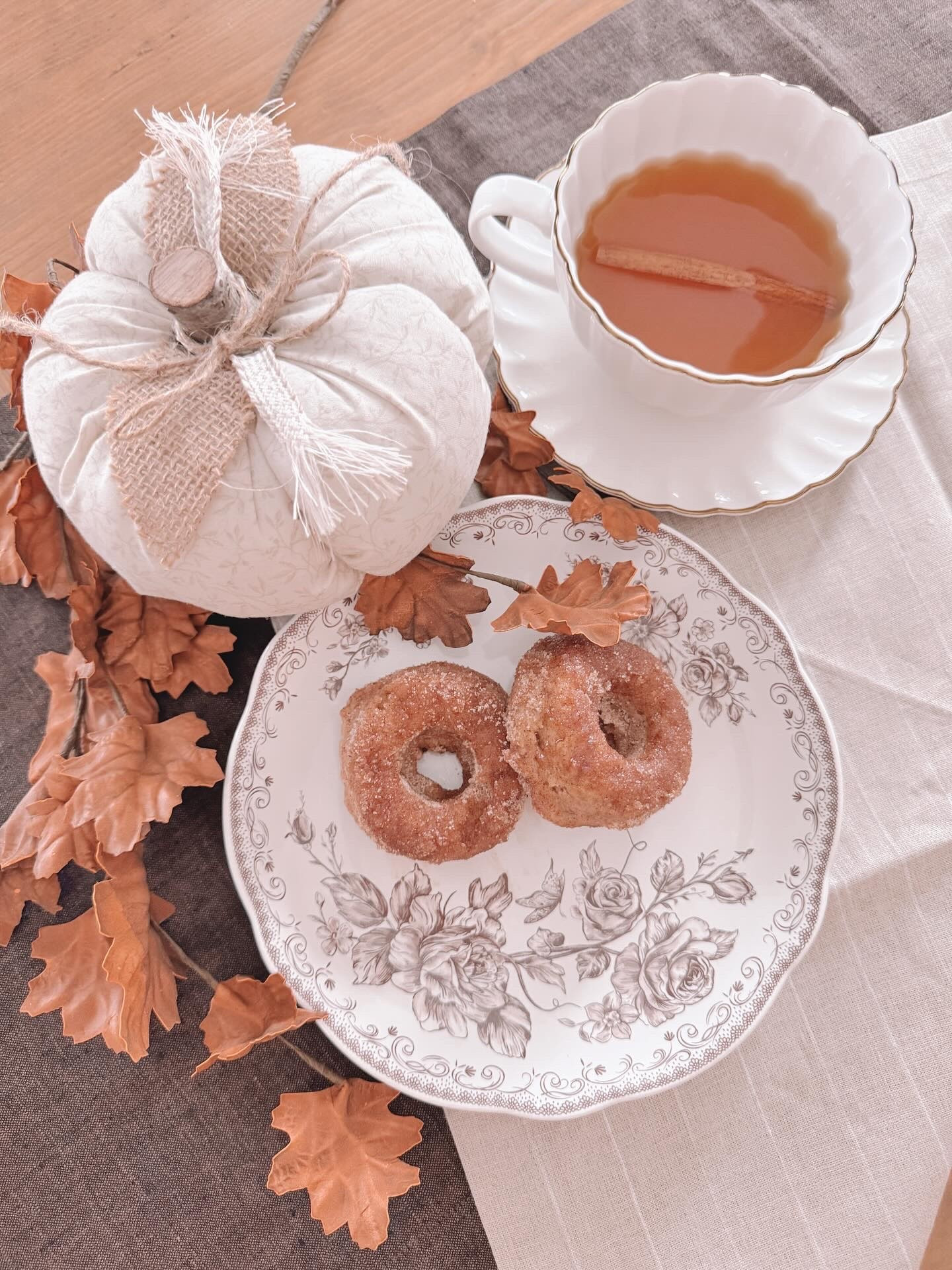It rained most of yesterday so we spent the day cooking and baking. These donuts are the perfect Fall treat! 
Vegan & GF Apple Cider Donut
Ingredients
1.5 cups apple cider •2 cups gf flour • 1 tsp baking powder • .75 tsp baking soda • 1.5 tsp ground cinnamon • .5 tsp nutmeg • .5 tsp sea salt • 2 tbsp vegan butter, melted • 1 flax seed egg • .5 cup sugar • .5 cup packed brown sugar • .5 cup cashew milk • 1 tsp vanilla
Topping 1 cup sugar • 1.5 tsp cinnamon • .5 tsp nutmeg • 6 tbsp Oatmilk butter, melted

Instructions
•Place the apple cider in a saucepan and bring to a boil over medium-high heat, then reduce the heat to medium and let the apple cider continue to cook until it reduces down to 1/2 cup. This could take 15-30 minutes.

•While you are reducing the apple cider, you can measure out the cashew milk to bring it to room temperature as well as the flax seed egg, then melt the 2 tablespoons of butter and let it cool.

•Preheat the oven to 350°.

•Whisk together the gf flour, baking powder, baking soda, cinnamon, nutmeg, and salt in a large bowl. 

•Whisk the egg, melted butter, brown sugar, white sugar, cashew milk and vanilla in a small bowl.

•Pour the wet mixture and the reduced apple cider into the dry ingredients and mix until combined.

•Next, take a gallon-sized zip-top baggie and fill with the batter. Cut a little corner off the bottom of the bag. Use the baggie to pipe the batter into the donut pan.

•Bake for 11-13 minutes. The donuts should be golden brown and bounce back after tapping your finger on top of the donut. Let the donuts sit in the muffin pan for 2 minutes, and then remove the donuts to a wire rack.

•Coat the donuts: Melt the 6 tablespoons of butter in a small pan. And in a shallow bowl, mix together the sugar, cinnamon, and nutmeg.

•Once the donuts are cool enough to hold, dip both sides of the donuts into the butter. Then, dip both sides of the donuts into the sugar mixture. Place the donuts on a wire rack to cool.

#vegan #glutenfreevegan #baking #desserts #homemade #flatlay #foodlover