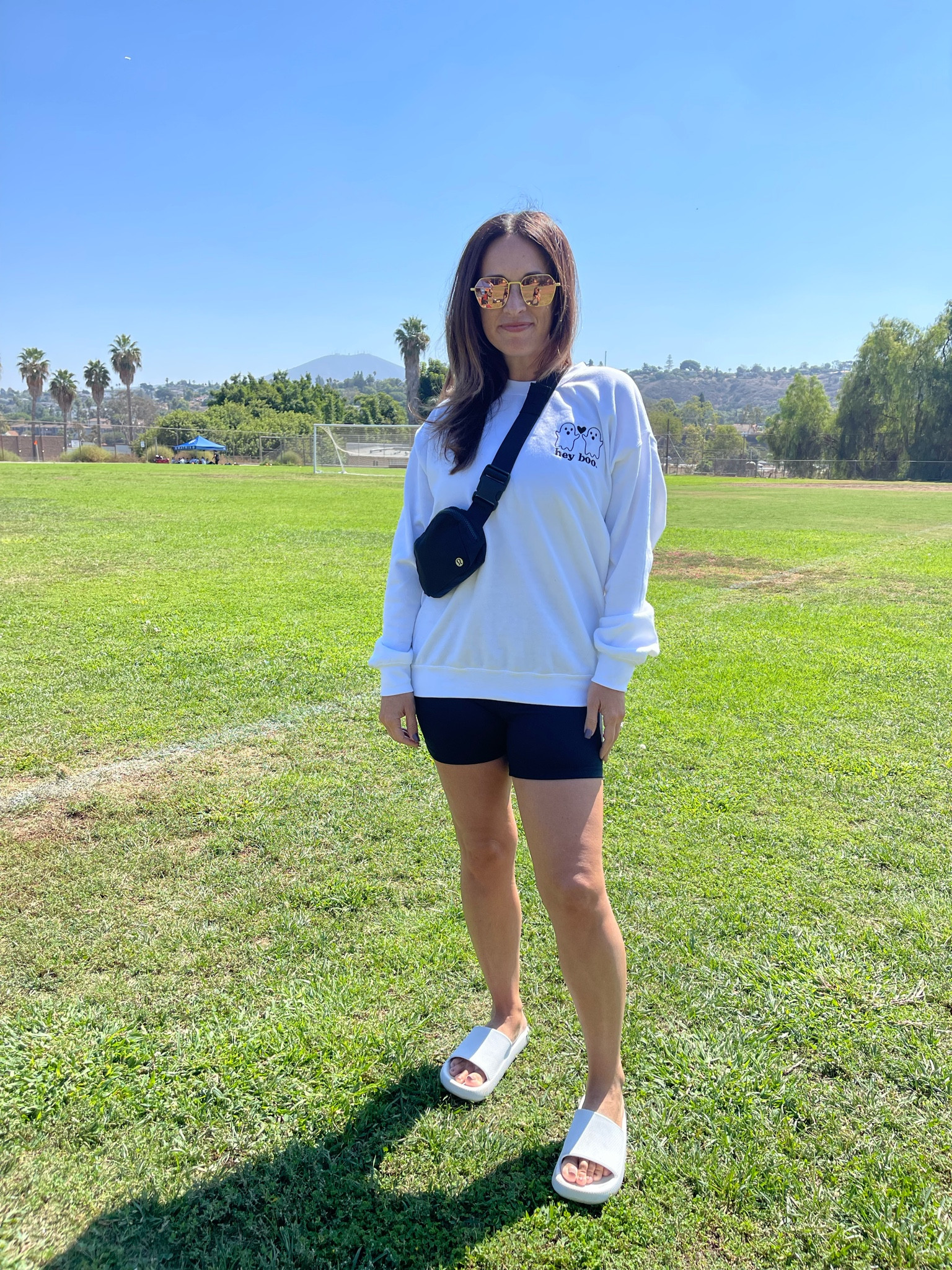 Soccer mom uniform when it’s too warm for all the cozy things but you got a new cute new #halloween sweatshirt. 👻 I can’t find the exact link to my sweatshirt so I found a couple similar options. 

#LTKHalloween #LTKSeasonal #LTKfit