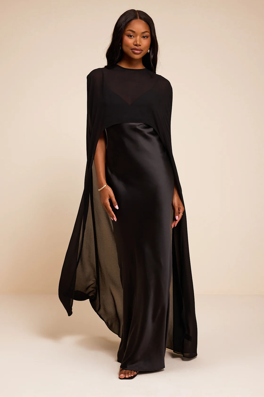 Cavana Black Satin Cape Maxi Dress | Lulus