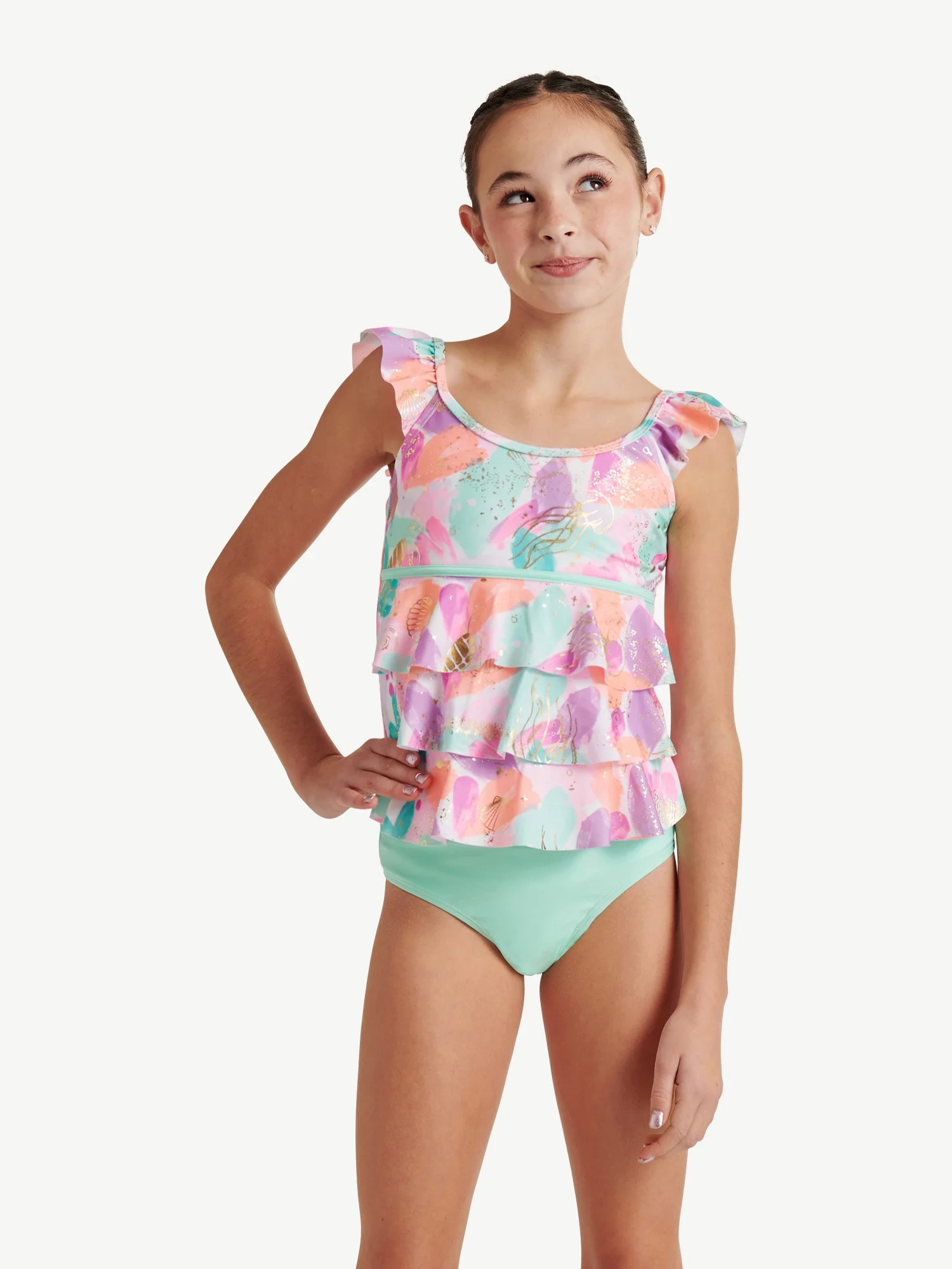 Justice Girls Ruffle Tankini Top with Bikini Bottom 2-Piece Swimsuit, Sizes 5-18 | Walmart (US)