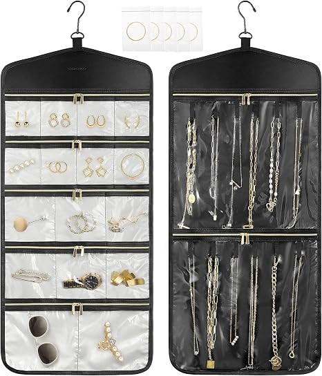 Travel Jewelry Holder Organizer,Hanging Jewelry Organizer Storage With Zippered Pockets for Cloes... | Amazon (US)