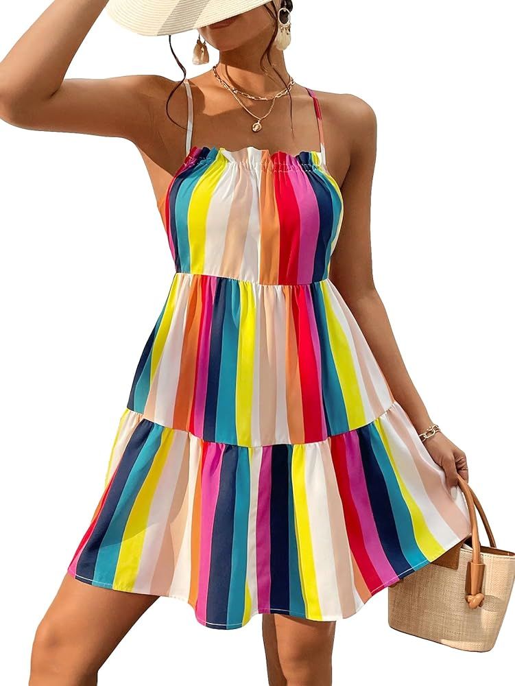OYOANGLE Women's Boho Striped Print Lace Up Backless Sleeveless Ruffle Hem Summer Casual Cami Dre... | Amazon (US)