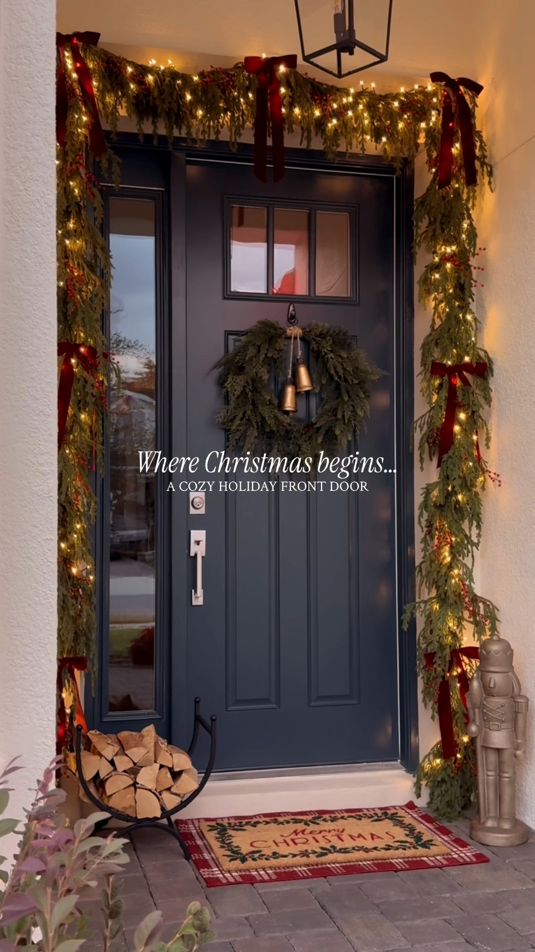 A cozy, classic Christmas welcome✨
I kept our front door simple this year, but it still brings all the nostalgia and all the magic, because Christmas truly begins the moment you step up to the door.
Comment HOLIDAY and I’ll send you the link with all the details to get this look. 🎄

How to Recreate My Christmas Front Door Look:


6 ft Pine Garlands from Hobby Lobby (x10)
Layered around the frame for fullness
Red Berry Picks from Hobby Lobby
Tucked throughout the garland for color + texture
Grand Duchess Twinkling Lights from Home Depot (1 pack)
Velvet Burgundy Bows (x7)
Cedar Wreath
Antique-Style Hanging Bells 
Gold Nutcracker
Firewood Holder + Split Logs
Layered Christmas Doormats

#christmasfrontdoor #holidaydecor #frontdoorchristmas #christmasporch #christmasentryway #classicchristmas #cozychristmasdecor #holidayhome #christmasathome #simplechristmasdecor #oldworldchristmas #christmasmagic #christmasinspiration #holidayhomedecor #christmasvibes #frontporchdecor #christmasstyle #cozyseason #tistheseason 

#LTKHoliday #LTKHome