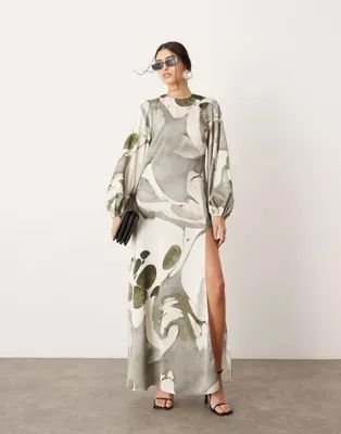 ASOS EDITION satin long sleeve smock dress in gray abstract print | ASOS (Global)