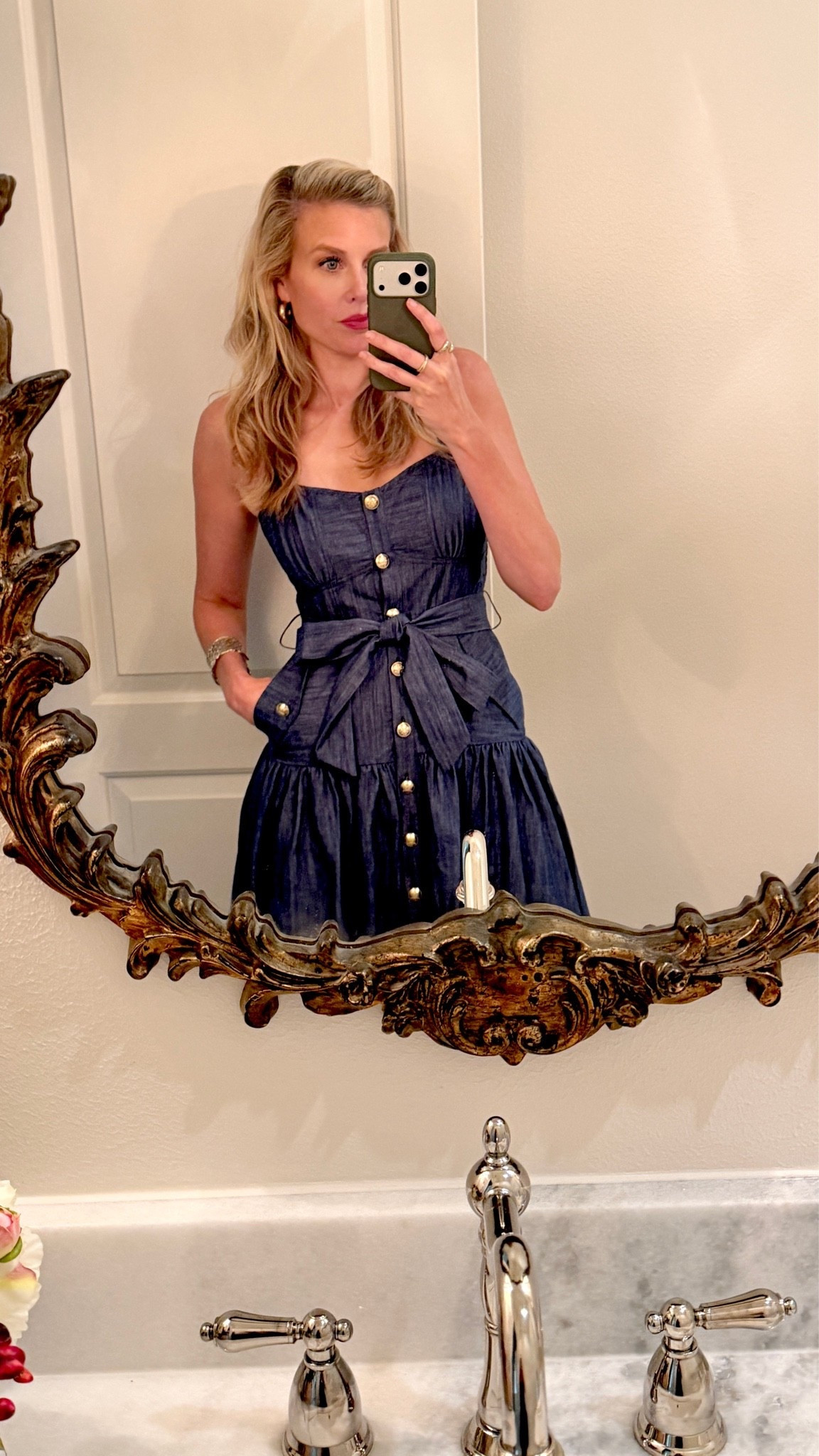 This dress is honestly better in person - nice thick fabric and lined. Skirt has a nice swing and pretty gold buttons. Got multiple compliments on it! I’m 5’7 wearing a size xsmall. Could wear this into the fall with a faux leather jacket and boots

#LTKSeasonal #LTKSaleAlert #LTKTravel