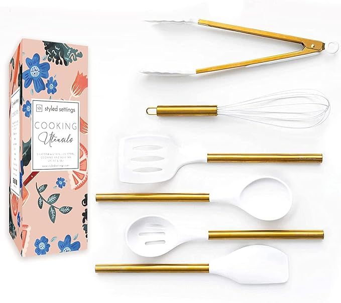 STYLED SETTINGS White Silicone and Gold Kitchen Utensils Set for Modern Cooking and Serving, Stai... | Amazon (US)