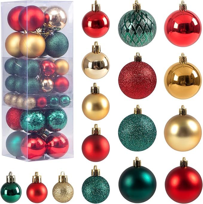Christmas Tree Ornaments, 50 PCS Christmas Ball Ornaments Set Red Green Gold Christmas Ball Shatt... | Amazon (US)