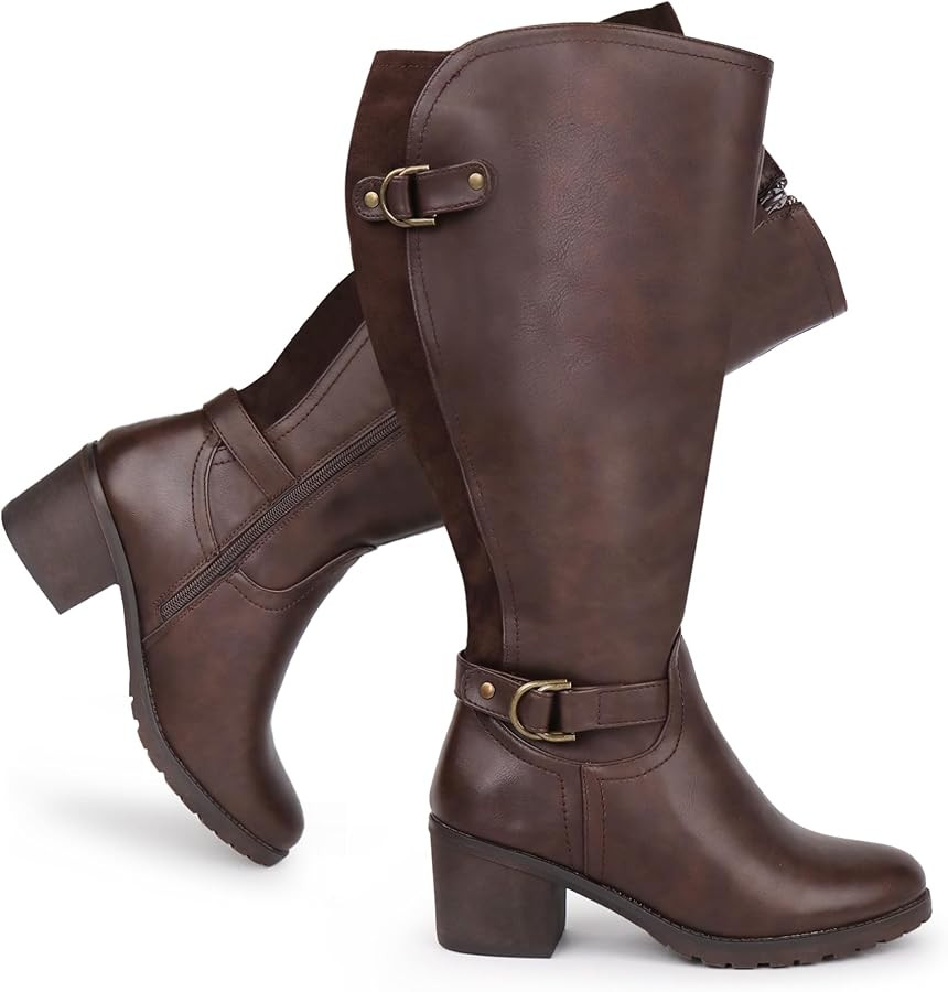 Damen-Reitstiefel mit weitem Schaft und kniehohem Absatz, seitlichem Reißverschluss und Blockabs... | Amazon (DE)