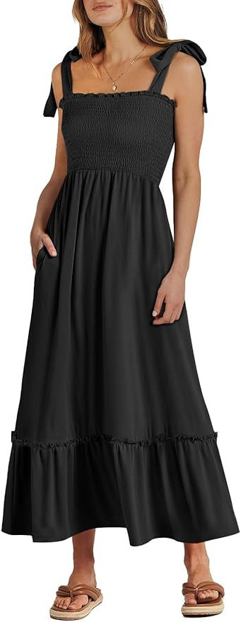 ANRABESS Women Summer Casual Strap Smocked Maxi Flowy Tiered A Line Beach Travel Sundress 2024 We... | Amazon (US)