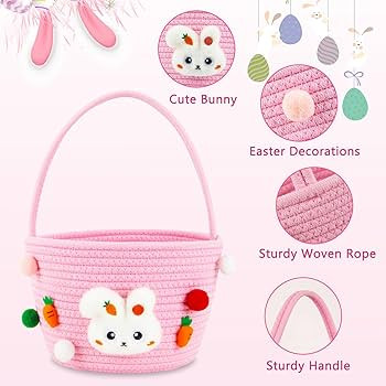 Easter Basket for Kids, Empty Easter Egg Hunting Basket with Handle, Pink Bunny Rope Bucket Rabbi... | Amazon (US)