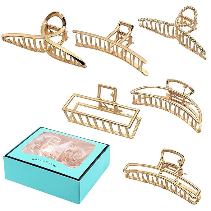 6 Pack Large Hair Claw Clips for Woman,Gold hair clips,Strong Hold metal jaw clip,Hair Clamps for... | Amazon (US)