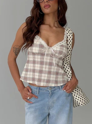 Pretty It Up Tie Detail Top Beige Check | Princess Polly US