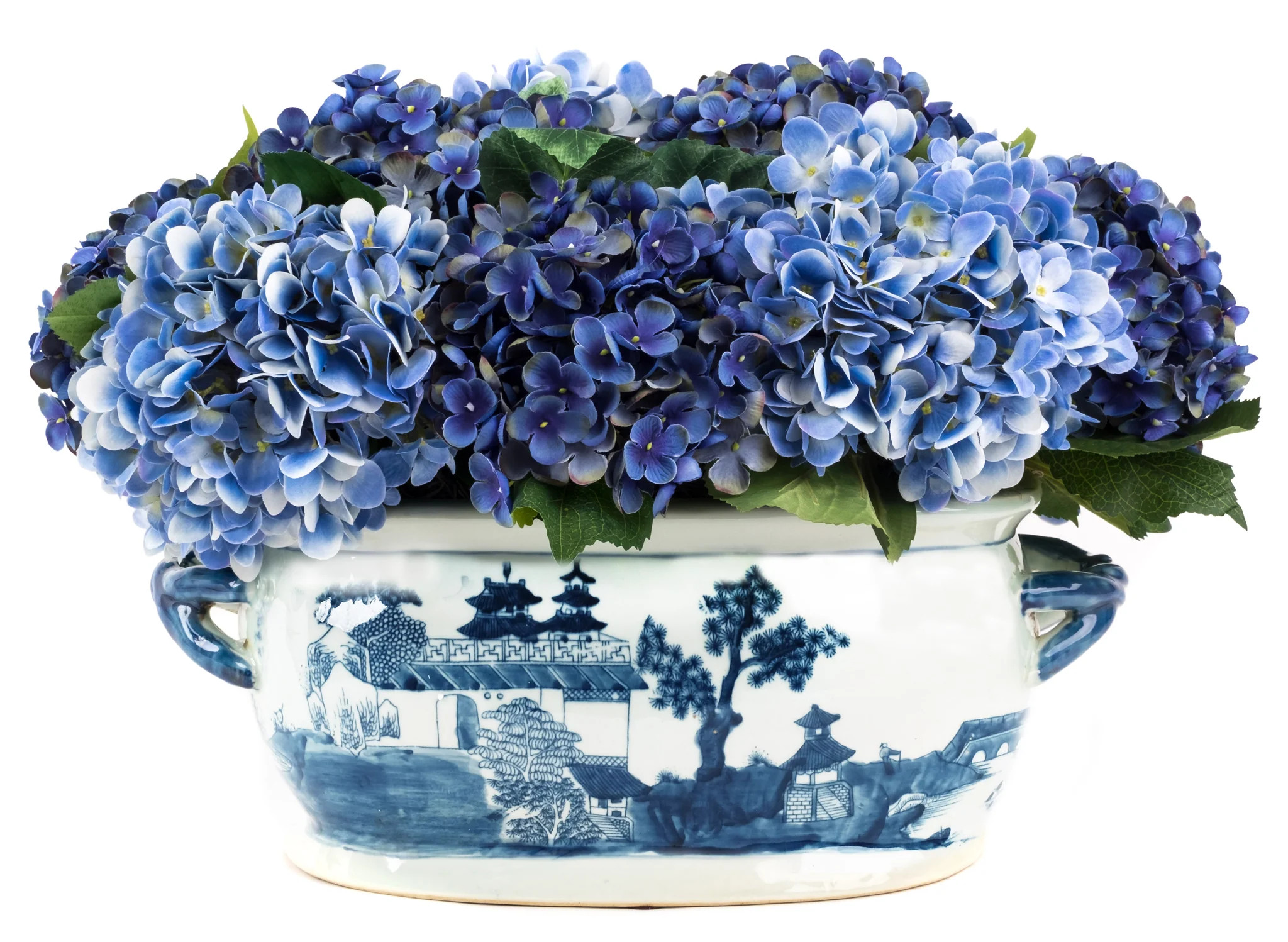 Blue Hydrangea arrangement In Oval Porcelain Fishbowl | The Enchanted Home