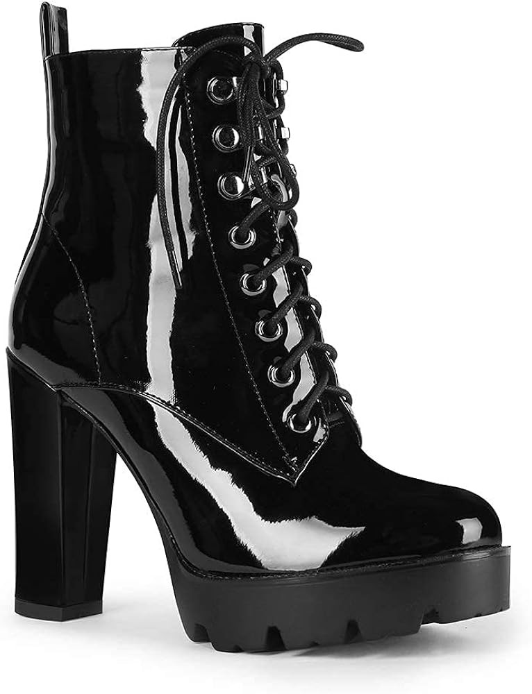 Women's Ankle Boots Lace Up Chunky Heel Side Zipper Platform Booties Lug Sole Combat Block Heel Shoe | Amazon (US)