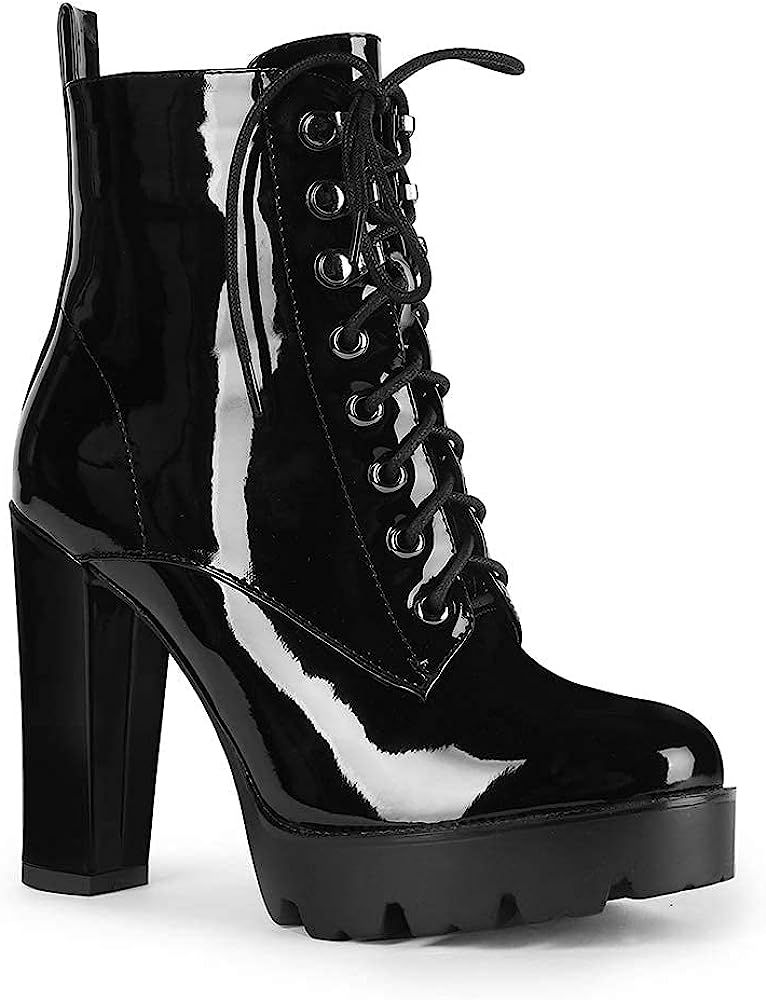 Women's Ankle Boots Lace Up Chunky Heel Side Zipper Platform Booties Lug Sole Combat Block Heel S... | Amazon (US)