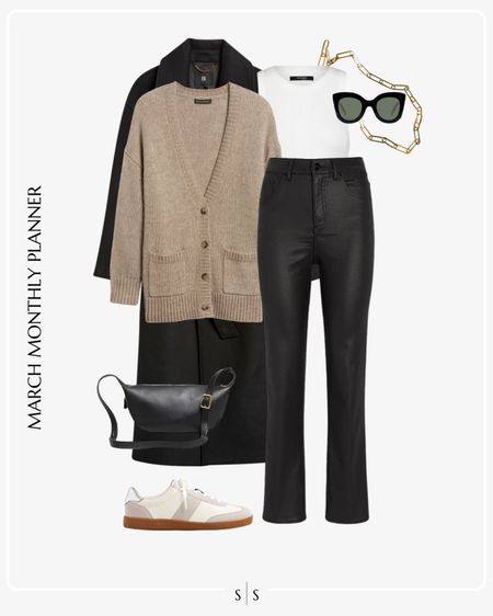 Monthly outfit planner: MARCH: Winter to Spring transitional looks | coated black jeans, oversized cardigan, white high neck tank, optional top coat, sneaker, sling bag 

See the entire calendar on thesarahstories.com ✨ 

#LTKstyletip