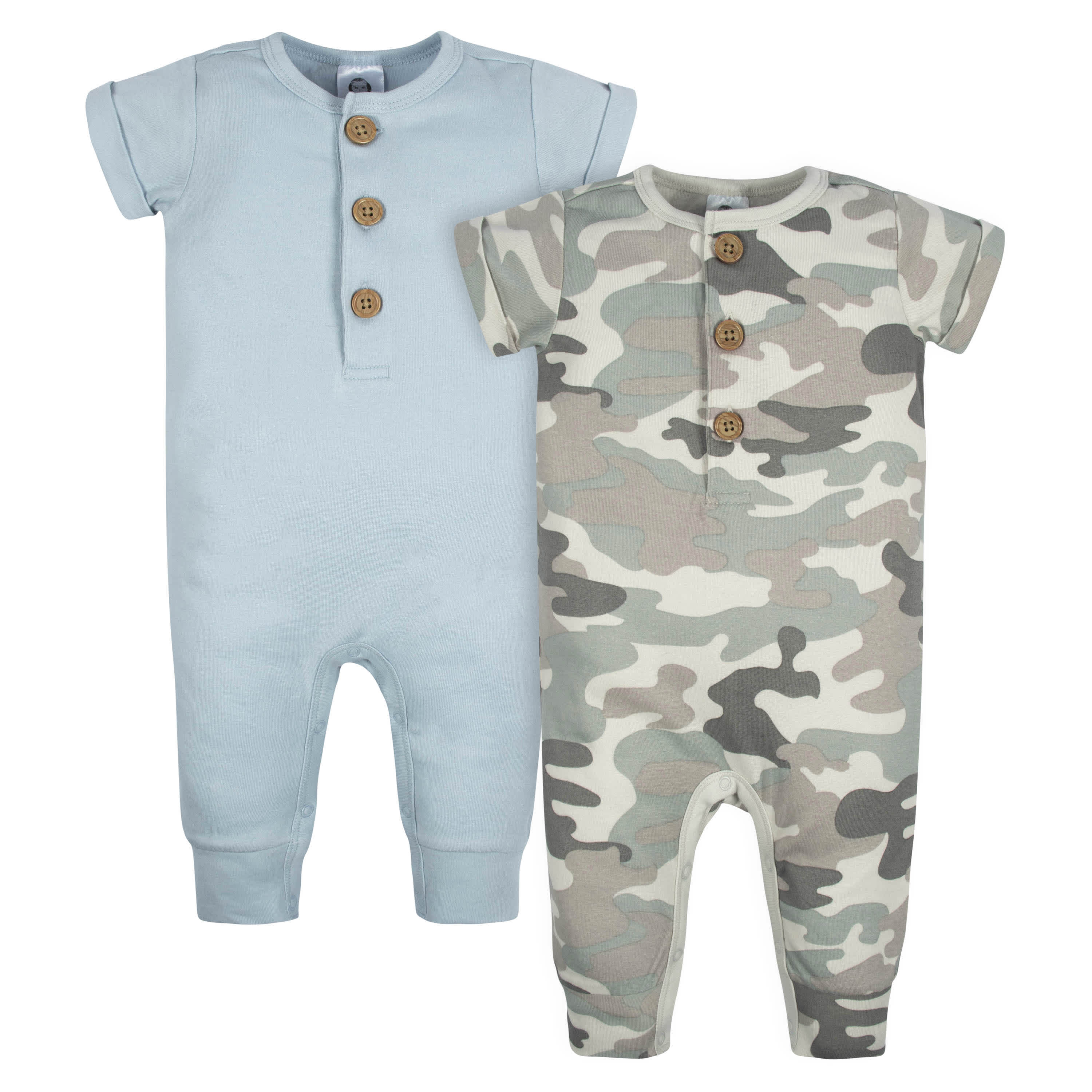 2-Pack Baby Boys Camo & Blue Short Sleeve Rompers | Gerber Childrenswear