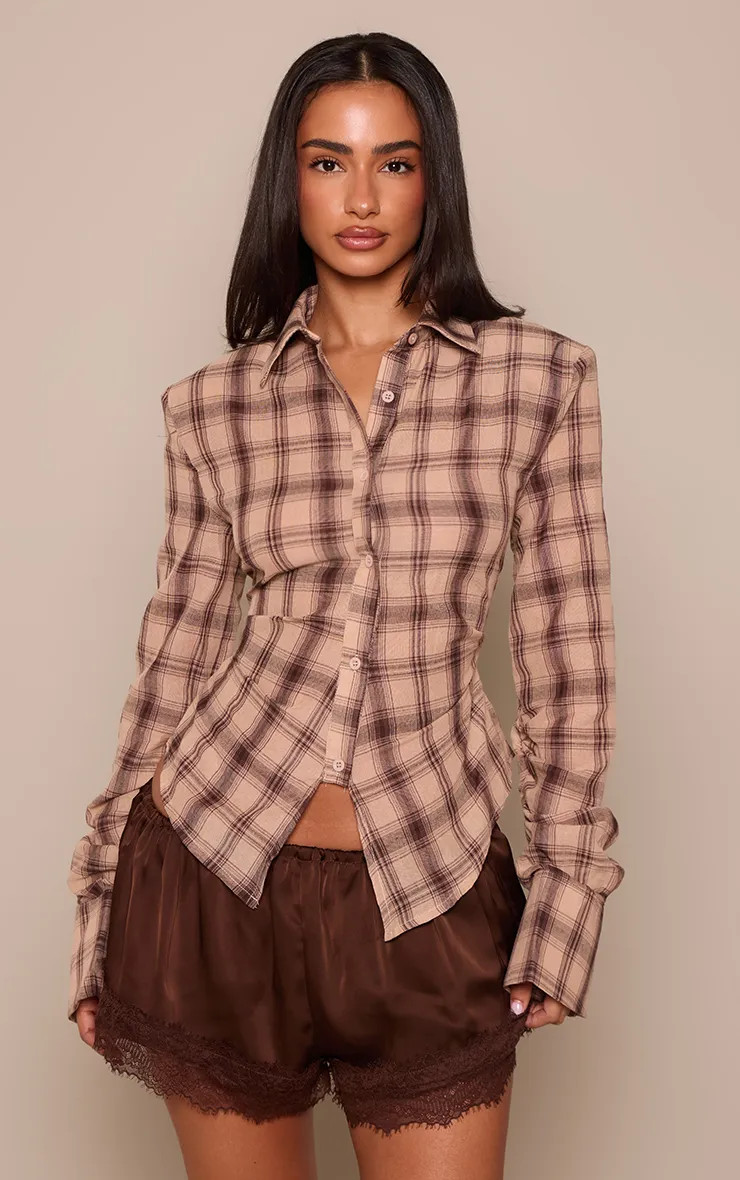 Chocolate Checked Shirt | PrettyLittleThing | PrettyLittleThing UK
