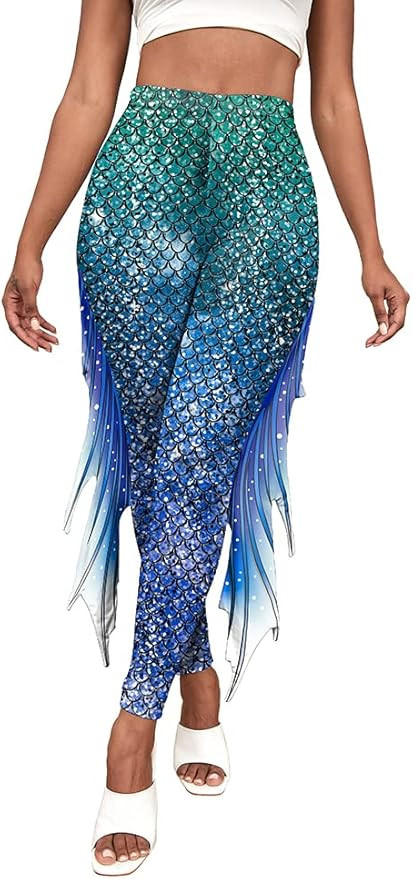 Mermaid Yoga Print Leggings for Women Plus Size Fish Scale High Waisted Pants Halloween Costume T... | Amazon (US)