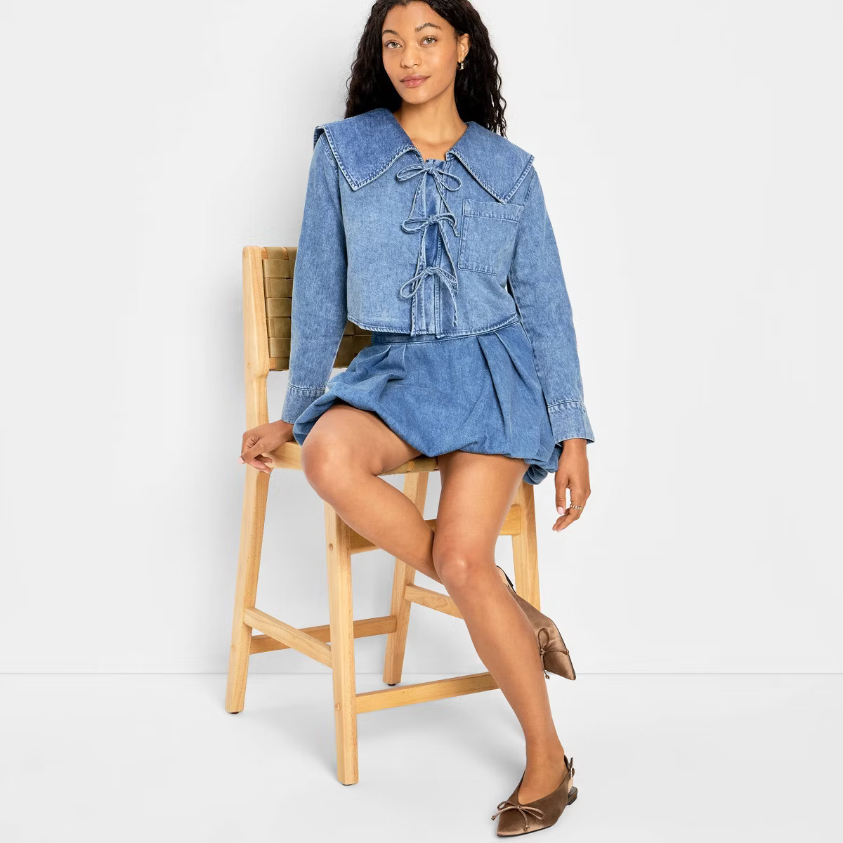 Women's Relaxed Flat Collar Long Sleeve Tie-Front Blouse - Future Collective Blue Denim | Target