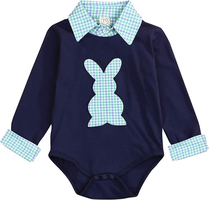 GRNSHTS Newborn Baby Boy Girl Easter Outfit Plaid Stand Collar Rabbit Shirt Romper Unisex Jumpsui... | Amazon (US)
