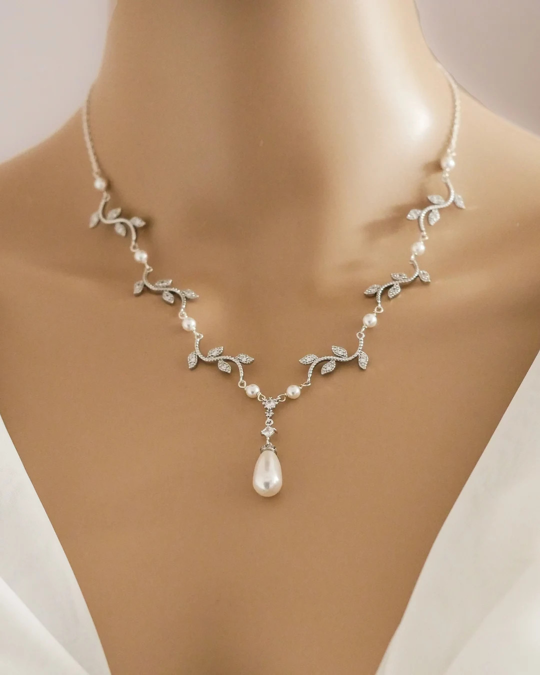 Sterling Silver Leaf Vine Necklace: Pearl Drop Bridal Jewelry | Etsy (US)