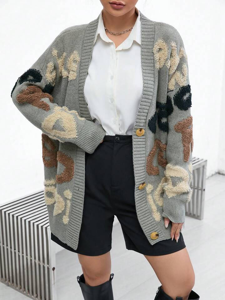 SHEIN Essnce Letter Pattern Drop Shoulder Cardigan | SHEIN