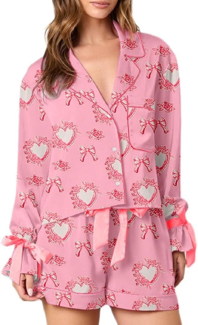 Argeousgor Valentine's Day Pajamas for Women Bow Tie Long Sleeve Shirt Ruffe Shorts Satin Heart 2... | Amazon (US)