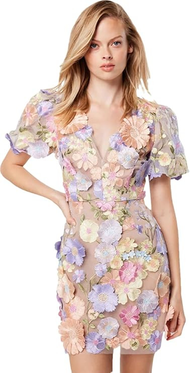 bodycon dress Women's 3D Floral Embroidery Dress Sheer Mesh VNECK Neck Lace Bodycon Party Cocktai... | Amazon (US)