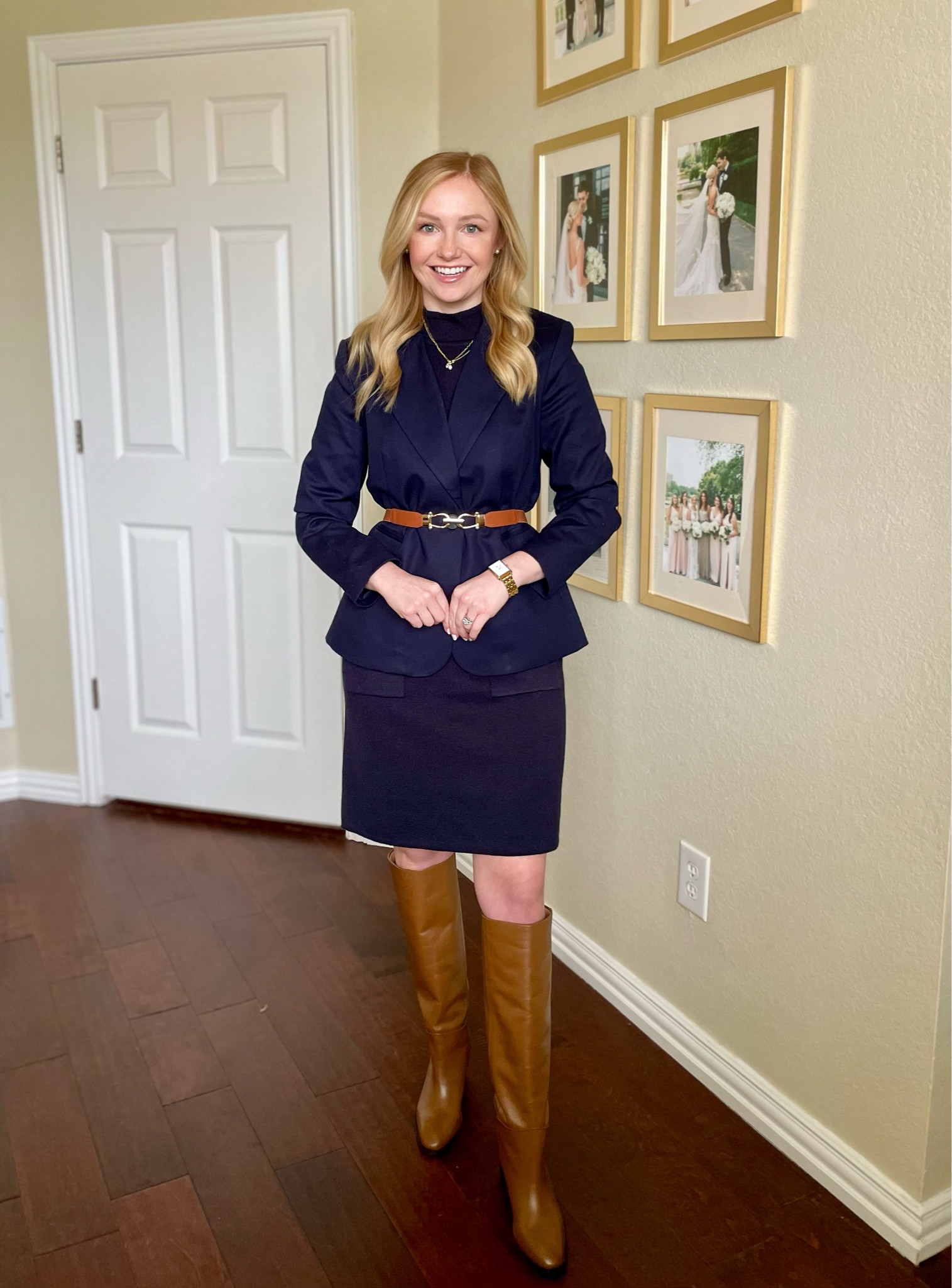 Early spring workwear look from Walmart! Wearing an XS in dress and blazer | navy blazer, sweater dress, workwear look, work outfit 

#LTKFindsUnder50 #LTKWorkwear #LTKSeasonal