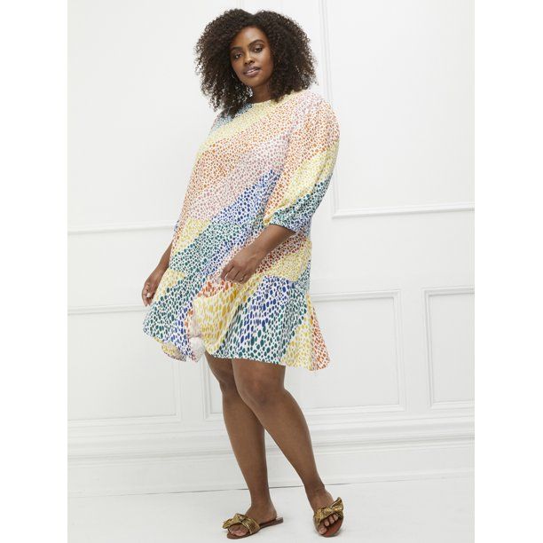 ELOQUII Elements Women's Plus Size Rainbow Print Tiered Easy Dress | Walmart (US)