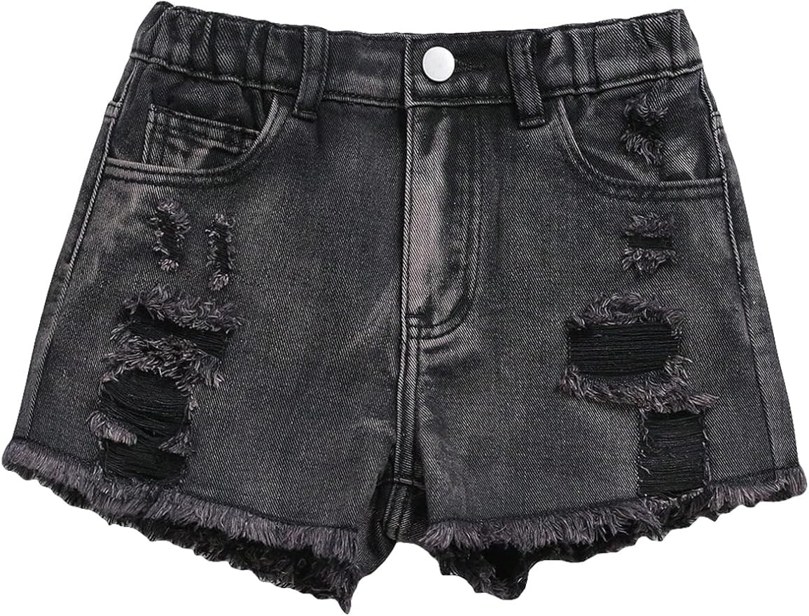 OYOANGLE Girl's Cute Butterfly Print Ripped Denim Shorts Raw Hem Jeans Shorts with Pocket | Amazon (US)