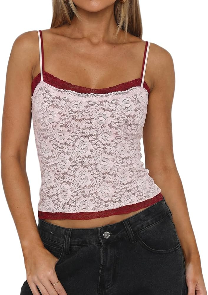 QINSEN Women's Double Layer Lace Camisole Tank Scoop Neck Summer Y2k Going Out Trendy Cami Shirt | Amazon (US)
