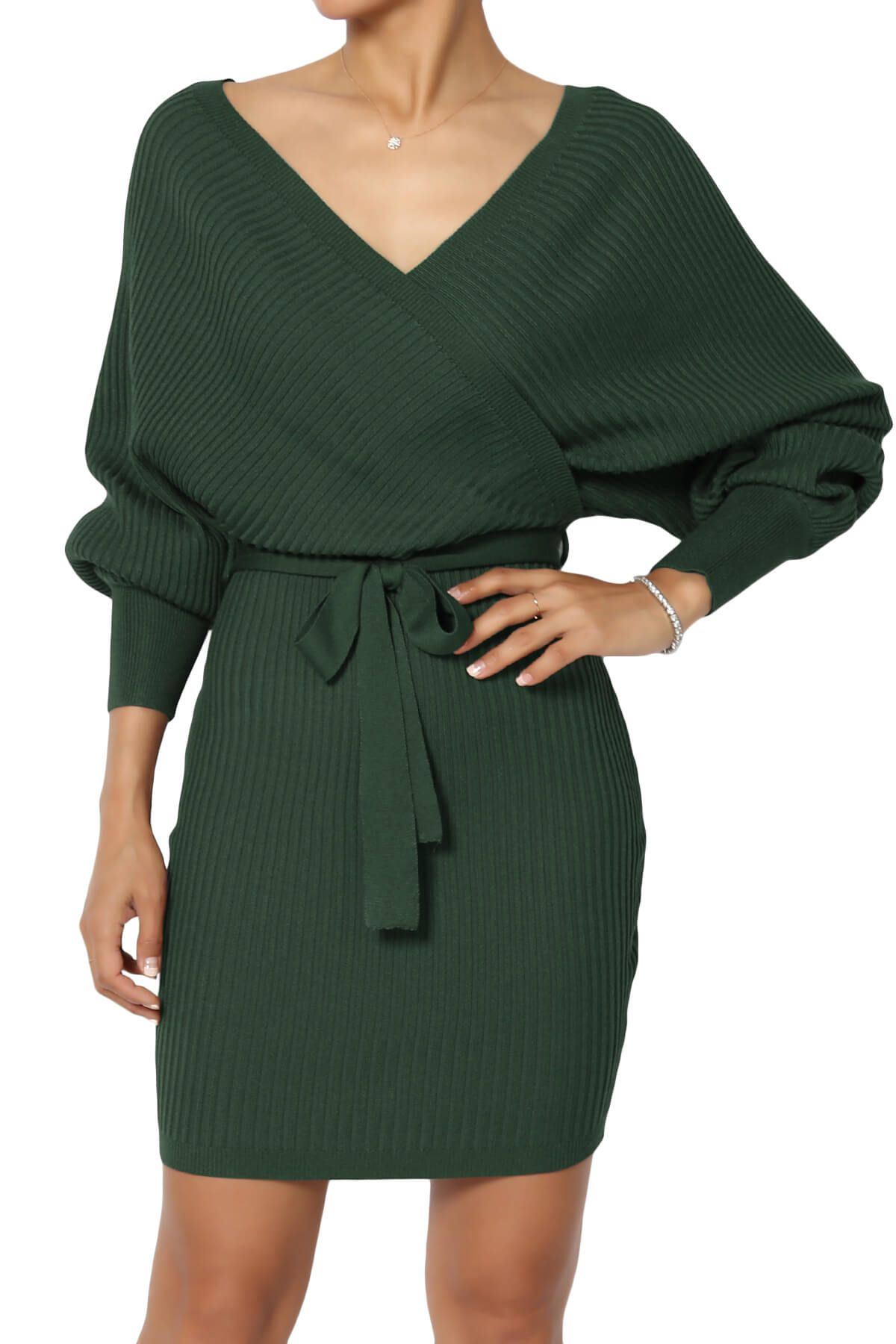 TheMogan Women's Elegant V Neck Wrap Batwing Long Sleeve Sweater Knit Belted Mini Dress - Walmart... | Walmart (US)